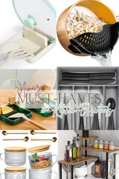 the collage shows different types of kitchen utensils and other items that are used for cooking