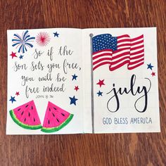 an open bible with watermelon and american flag