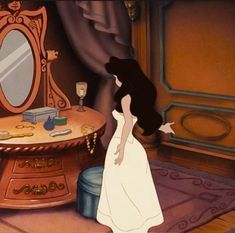 an animated image of a woman looking at herself in front of a mirror and vanity