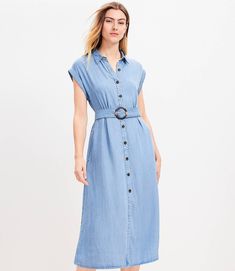 Chambray Midi Pocket Shirtdress Belted Blue Shirt Dress For Summer, Summer Shirt Dress With Belted Cuffs For Daywear, Casual Belted Shirt Dress For Day Out, Casual Summer Dress With Belt, Spring Belted Shirt Dress With Spread Collar, Casual Shirt Dress With Button Closure For Work, Spring Midi-length Belted Dress With Button Closure, Casual Workwear Shirt Dress With Button Closure, Spring Midi Belted Dress With Button Closure