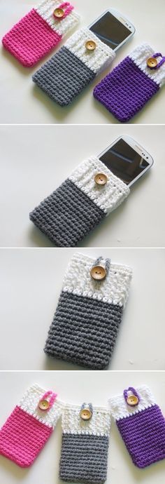 crocheted cell phone case with buttons on the front and back, in different colors