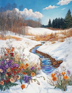 a painting of flowers in the snow with a stream running through it and trees on either side