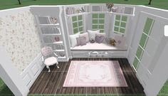 Bloxburg Window Seat, Bloxburg Kawaii House, Bloxburg Corner Ideas, Bloxburg Entrance Ideas Inside, Bloxburg Living Room Ideas Aesthetic, Bloxburg Living Room Decals, Bloxburg Shelf Ideas, Pink Bloxburg House, Coquette Bloxburg House