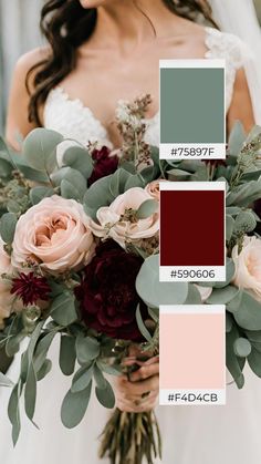 a bride holding a bouquet with flowers and greenery on it in shades of red, pink, grey and white