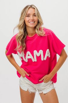 Hot Fuchsia Mama Chenille Embroidered Tee – True to You Casual T-shirt With Embroidered Text For Mother's Day, Casual Embroidered T-shirt For Mother's Day, Pink T-shirt With Embroidered Text For Summer, Pink Embroidered T-shirt For Summer, Pink Relaxed Fit Tops For Mother's Day, Pink Summer Top With Embroidered Text, Pink Tops With Embroidered Text For Summer, Pink Top With Embroidered Text For Summer, Casual Tops With Embroidered Text For Mother's Day