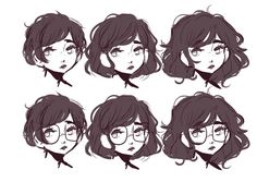 a set of six different poses of a woman's head with glasses and long hair