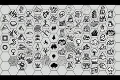 a bunch of black and white images on a hexagonal background with different symbols