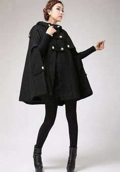 Black Cape winter hooded coat women cape coat 698 by xiaolizi Oversized Winter Cape, Black Cape Outerwear For Fall, Winter Poncho With Cape Sleeves, Black Cape For Fall, Black Cape Styled As Long Coat For Fall, Black Long Cape For Fall, Oversized Cape For Cold Weather, Black Hooded Wool Coat For Winter, Black Hooded Cape For Fall