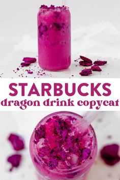 two jars filled with purple liquid and the words starbuck's dragon drink copycat