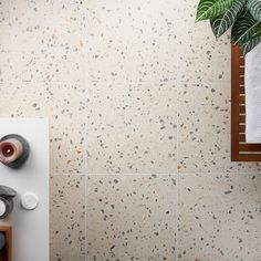 a bathroom with white and brown speckles on the wall next to a potted plant