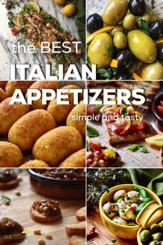 A photo collage of Italian appetizers. Italian Appetizers Easy Make Ahead, Italian Appetizers Easy Finger Foods, Italian Food Appetizers, Italian Starters Appetizers