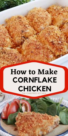 a casserole dish filled with cornflake chicken next to spinach and tomatoes