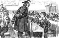 an old drawing of a man standing in front of a class room full of students