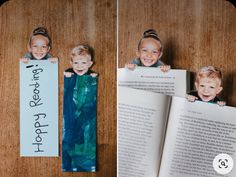 an open book with two pictures of children on it