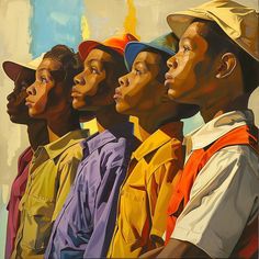 an oil painting of five men in different colored shirts and hats, with one man's head tilted to the side