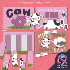 the book cover for cow what does the cow say? with pictures of cows and sheep