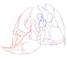 a drawing of an angel sitting on the ground next to a man with his hands in his pockets