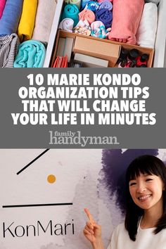 a woman standing in front of a closet full of clothes and blankets with the title 10 marie kondo organization tips that will change your life in minutes