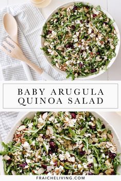 baby arugula quinoa salad with feta cheese and almonds