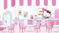 a hello kitty cafe with pink chairs and tables