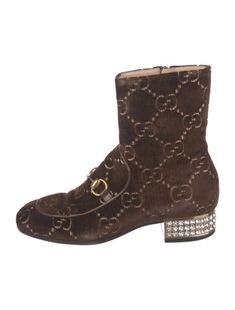 Gucci Velvet Mid-Calf Chelsea BootsBrownPrintedSquare-Toes with Crystal EmbellishmentsExposed Zip Closure at SidesFit: This style typically runs a half size small. Gucci Horsebit, Velvet Lace, Mid Calf, Lace Up Boots, Boot Shoes Women, Chelsea Boots, Chelsea, Print Patterns, Shoe Boots