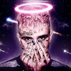 a man with tattoos covering his face and hands in front of him, surrounded by stars