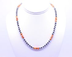 "The breathtaking beauty of this piece is sure to command many sincere compliments. It is crafted with AAA Grade 6mm all natural AAA grade orange spiny oyster beads and sterling silver Native American Navajo Pearls. The southwestern inspired design is a carefully crafted blend of materials and color that will add personality to your casual or formal dress. We promise that you will love and treasure this necklace as a welcomed addition to your life. - Not dyed, treated or color enhanced. 100% nat Hand-strung Orange Jewelry With Round Beads, Orange Hand-strung Jewelry With Round Beads, Southwestern Single Strand Beads For Gifts, Orange Bohemian Jewelry With 8mm Beads, Artisan Multicolor Jewelry With 8mm Beads, Silver Southwestern Beads For Gifts, Southwestern Orange Round Bead Necklaces, Southwestern Orange Round Beads Necklace, Southwestern Orange Beaded Necklace