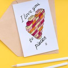 i love you to pieces card with pencils next to it on a yellow background