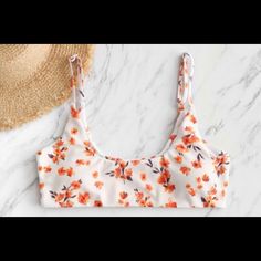 Brand New, Never Before Worn. Cute White And Orange Floral Print Pull-Over Bikini Top With Adjustable Straps And Light Padding Orange Floral Print, White And Orange, Orange White, Color Orange, Womens Swim, Adjustable Straps, Floral Print, Floral Prints, Orange