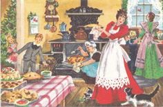 an old fashioned christmas scene with children and adults