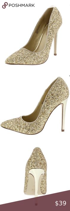 GOLD SPARKLES POINTES TOE METALLIC STILETTOS HEEL GOLD SPARKLES POINTES TOE METALLIC STILETTOS HEEL  A glamorous party needs a glamorous part shoe - Features pointed toe paired with a covered heel - Gold sparkles embellished upper - single sole styling with a metallic heel Man made materials  Approximate heel height 4 1/2 inches Shoes Heels Pointed Toe Wedding Shoes For Party, Fitted Pointed Toe Wedding Shoes For Party Season, High Heel Holiday Event Heels, Gold Closed Toe Heels For Prom, High Heels For Holiday Events, Holiday High Heels For Events, Fitted Heels For Party Season Event, Holiday Event High Heels, Gold High Heel Court Shoes With 4-inch Heel