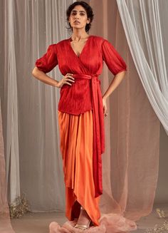 Orange Red Crepe Lehenga With Overlap Top & Belt Nidhika Shekhar - Fabilicious Fashion Crepe Lehenga, Overlap Top, Orange Drapes, Top With Puff Sleeves, Tassel Belt, Embellished Belt, Crepe Skirts, Vacuum Storage, Crepe Top