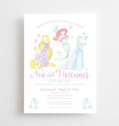 the little mermaids birthday party is set up on a white background with pink and blue flowers