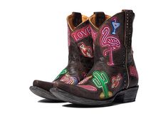 Old Gringo Jackpot Short - Women's Shoes : Chocolate : Style your outfit with the funky Old Gringo Jackpot Short booties with southwestern neon doodles on the upper. Leather upper. Soft leather lining and insole. Allover colorful sticker accent the ankle length boots. Pull-on style. Leather outsole. Real hair from calf originated from Mexico. Imported. Measurements: Heel Height: 1 1 2 in Weight: 1 lb 5 oz Circumference: 12 in Shaft: 8 in Product measurements were taken using size 9, width B - Me Trendy Fitted Boots For Western-themed Events, Fitted Multicolor Western Boots, Fitted Casual Boots For Country Events, Trendy Fitted Boots For Rodeo, Funky Spring Boots, Neon Doodles, Ankle Length Boots, Style Your Outfit, Short Booties