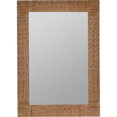 a mirror that is made out of wood and wicker with a square frame on the bottom