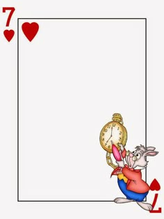 a card with a rabbit holding a clock on it's back and hearts around the edges