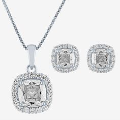 This 2-piece pendant necklace and earring set is dainty and delightful. It is crafted from sterling silver and shines brightly with gorgeous Lab-Grown gemstones in cushion cut. Gift it to your beloved sister, partner, or best friend.Included: 2 Earring Stud(s), 1 Necklace(s)Features: Quick ShipEarring Back: PostJewelry Closure: Spring Ring ClaspStone Cut: CushionStone Millimeter Measurement: 7 Mm Width, 7 Mm LengthMetal Color: WhiteChain Length: 18 InchEarring Length: 7.7mmEarring Width: 7.7mmPe Silver Jewelry Set, Earring Stud, Silver Jewellery Sets, Necklace And Earring Set, White Sapphire, Watches Jewelry, Spring Rings, Jewellery And Watches, Jewelry Set