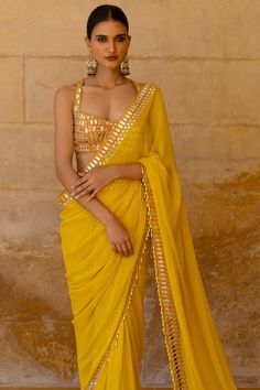 Buy Arpita Mehta Yellow Georgette Mirror Border Embroidered Saree With Blouse Online | Aza Fashions Arpita Mehta, Saree Wearing, Saree Wearing Styles, Saree Draping Styles, Scallop Border, Fashionable Saree Blouse Designs, Shilpa Shetty, Border Saree, Simple Sarees