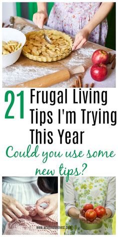 some food that is on top of a table with the words frugal living tips i'm trying this year could you use some new tips?