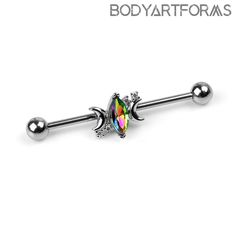 Vibrant rainbow hues and a crescent moon design make this gemmed industrial barbell a must have for your industrial piercing! Crescent Moon Design, Barbell Set, Circular Barbell, Industrial Barbell, Industrial Piercing, Usa Jewelry, Witchy Jewelry, Moon Design, Beaded Rings