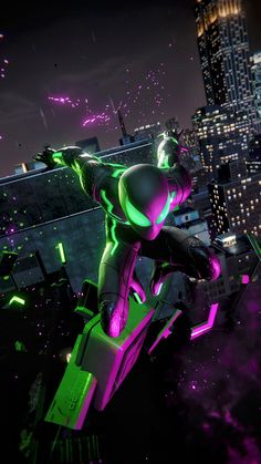 a futuristic man riding on the back of a motorcycle in front of a city at night