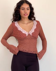 Chantal Long Sleeve Lace Top in Withered Rose Withered Rose, Long Sleeve Lace Top, Motel Rocks, Lace Top Long Sleeve, Bandeau Dress, Rose Lace, Plunge Neckline, Women Sleeve, Party Dress Long