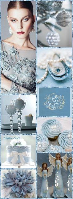 a collage of different pictures with blue and silver items in it's center