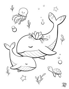 a cartoon whale swimming in the ocean with an octopus and starfish on it's back