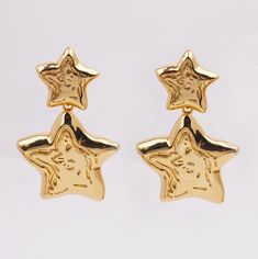 - Dimensions: Height, 31mm. Width, 19mm. Thickness: 3mm. - Material: Gold and brass. - Quantity: 1 pair. - Item Number: 0801-3593-1. Different batches, sizes and colors may be different slightly. If you need accurate size or color, please contact me. EU factory focuses on servicing brands unique and quality items with the smallest MOQ, if you need to custom or personalized, the factory and craftsmen are here. Gold Star-shaped Earrings For Party, Handmade Gold Star Earrings, Gold Star Earrings For Anniversary, Gold Star Jewelry For Christmas, Gold Star Earrings As Gift, Gold Star Earrings For Gift, Stars Hollow, Five Pointed Star, Wedding Jewelry Earrings