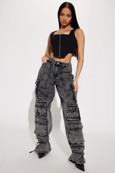 In The Mix Ankle Tie Cargo Jean - Black Wash | Fashion Nova, Jeans | Fashion Nova Sneak Attack, Denim Corset Top, Denim Corset, 60 Fashion, Cargo Jacket, Jeans Fashion, Fashion Nova Jeans, Cargo Jeans, Colored Jeans