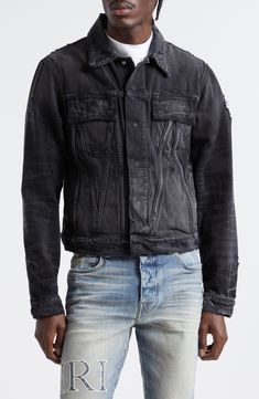 Designer Mike Amiri puts a distinct twist on an Americana icon with a hand-distressed denim jacket featuring slanted seams forming a statement-scale monogram. 28 1/2" length (size medium) Hidden front-snap closure Spread collar Snap cuffs Chest flap-patch pockets; front welt pockets Adjustable snap side tabs 100% cotton Dry clean Made in the USA Designer Clothing Edgy Washed Black Distressed Denim Jacket, Urban Distressed Fitted Outerwear, Urban Fitted Washed Denim Jacket, Fitted Washed Denim Jacket In Urban Style, Black Distressed Fitted Denim Jacket, Distressed Fitted Outerwear For Streetwear, Fitted Washed Denim Jacket For Streetwear, Faded Distressed Fitted Denim Jacket, Fitted Faded Distressed Denim Jacket