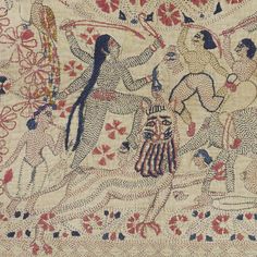 an old embroidered cloth with people and flowers on the ground, including one woman holding a bird