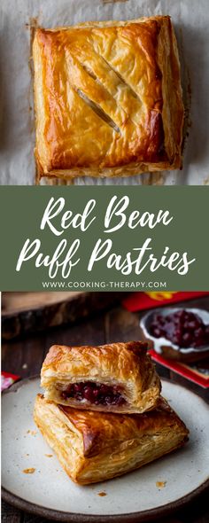 red bean puff pastries on a white plate with the words red bean puff pastries