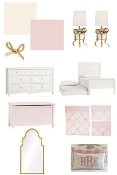 pink and gold bedroom mood board with white bedding, dresser, mirror, lamp, chair